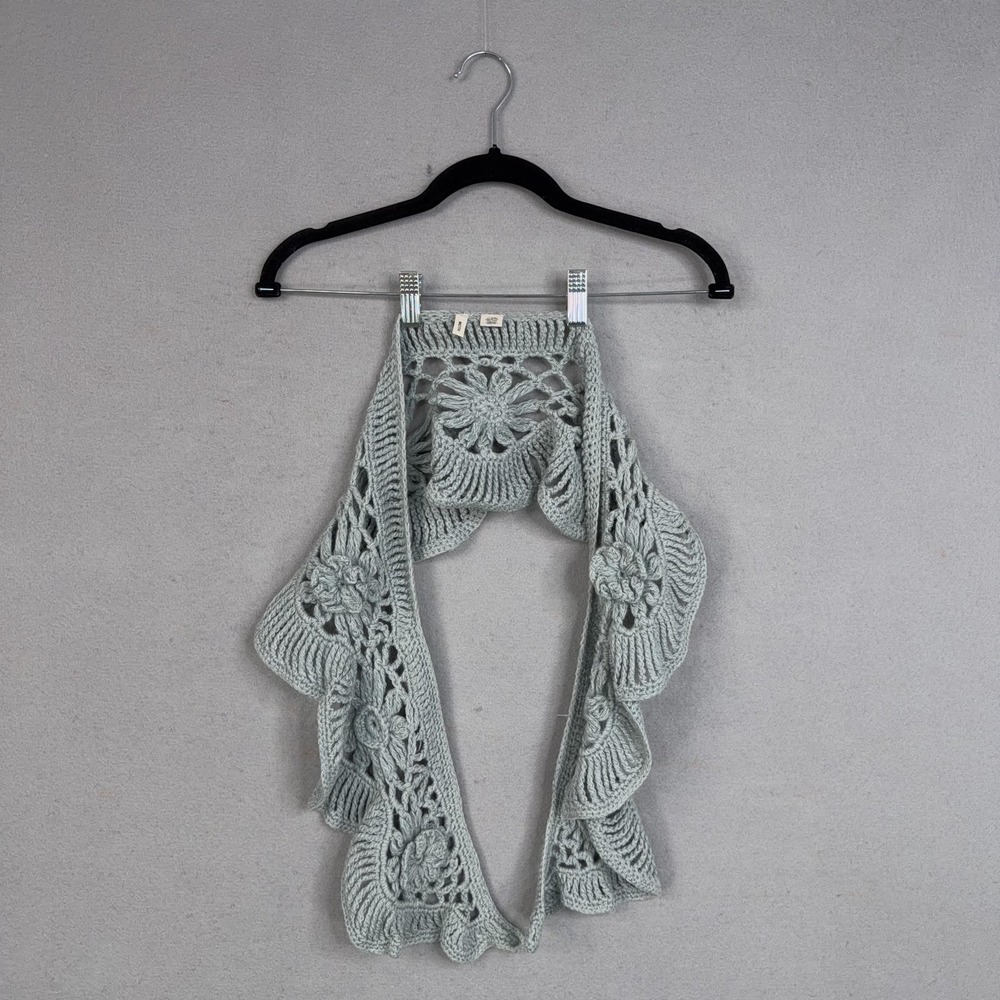 MOTH Scarf Womens One Size Green Rectangle Crochet Floral Ruffle Wool Cotton